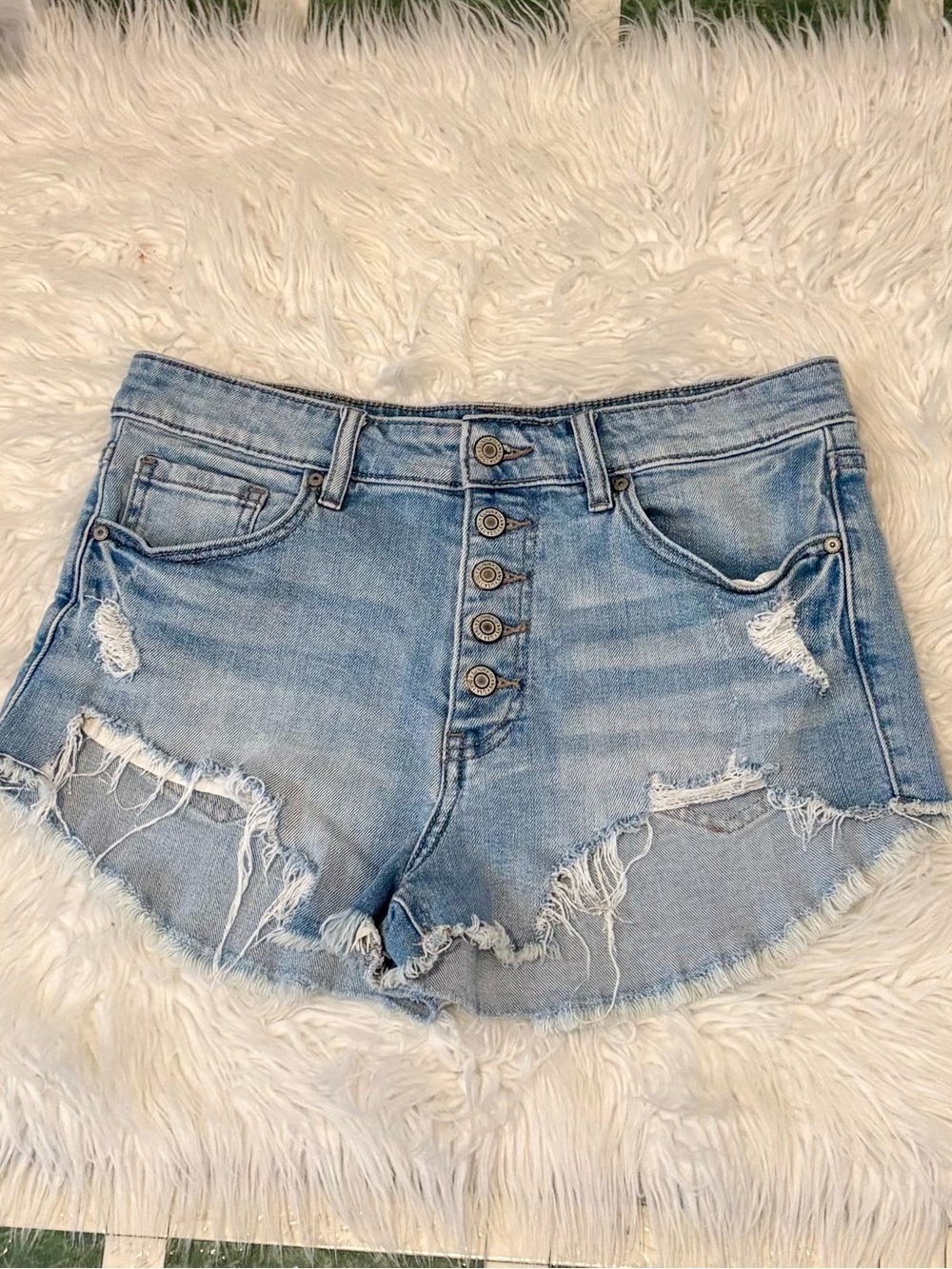 eunina Light Blue High-Rise Distressed Button-Front Denim Shorts